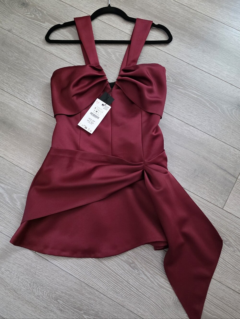 Zara Wine Red Satin Mini Dress with Draped Bow Bodice